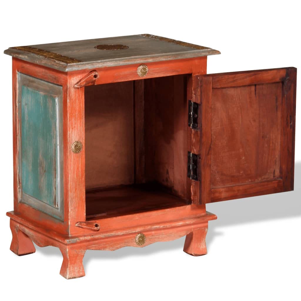 Stolik nocny z litego drewna mango pomarańczowy ręcznie wykonany 40 x 30 x 50 cm z dużymi drzwiami i mosiężnymi okuciami w indyjskim stylu vintage jako stolik pomocniczy i stolik nocny do
