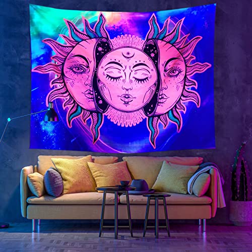 Schwarzlicht Wandteppich Mond Sonne Wandbehang - Mandala Wandtuch Fluoreszierend Uv Wall Tapestry Indisches Boho Tuch Aesthetic Psychedelic Tapisserie Schlafzimmer Wohnzimmer Wanddekoration,150x150cm Cover