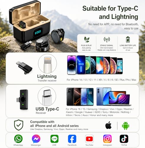 Image of 2-in-1 Wireless Microphone for Vlogging, YouTube, Reels, Online Classes, Interviews, Magnetic Collar Clip, 360 Sound Capture, 40M Range, 6Hr Battery, iOS Android, DSLR Type C (Q8)