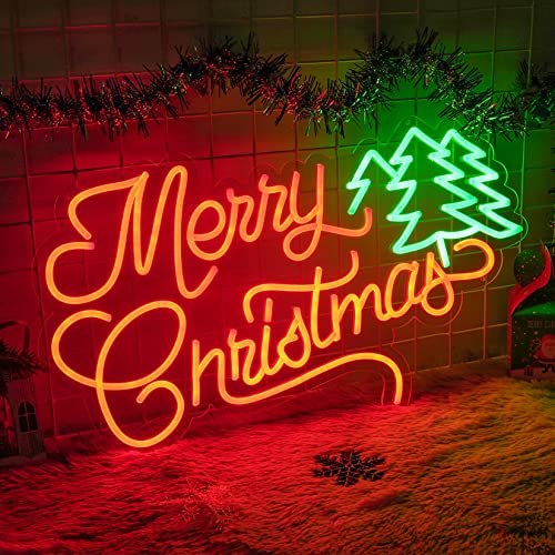 Image of Neon Signs Merry Christmas Tree Neon Lights for Wall Decor LED Neon Light Sign Lighted for Window Bedroom Christmas Party Decorations 23.6x14.35''