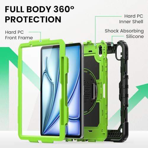 Image of SEYMAC Case for iPad Air 11 Inch M4 / M3 / M2 (2026 /2025 / 2024), Heavy Duty Shockproof Protective Case with Screen Protector, 360 Rotating Stand and Hand /Shoulder Strap, Green