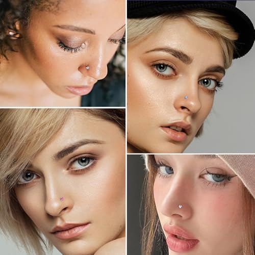 Nose Rings Studs for Women 16Pcs 18g/20g Nose Studs Hypoallergenic 316L Surgical Steel Nose Piercings Jewelry 3mm CZ & Opal Nose Ring L Shape Nose Stud 20 Gauge Nose Screw Studs4