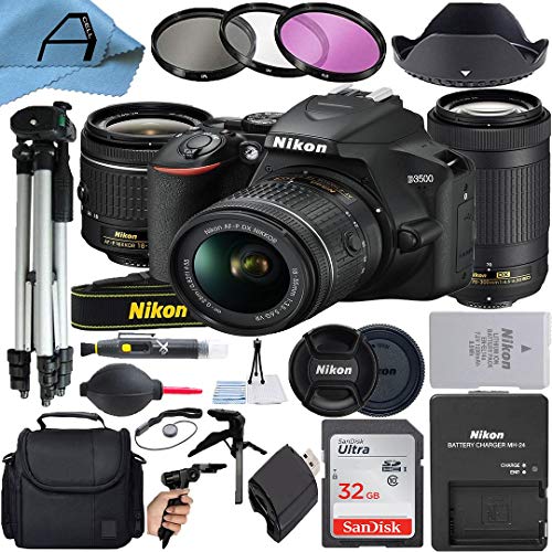 Nikon D3500 DSLR Camera 24.2MP with NIKKOR 18-55mm VR and 70-300mm Dual Lens, SanDisk 32GB Memory Card, Case, Tripod, Filters and A-Cell Accessory Bundle (Black)
