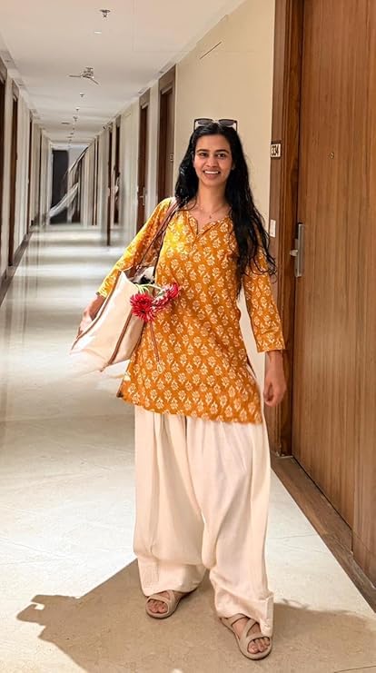 Image of Women's Cotton Farshi Salwar Suit Set | 3 /4 Sleeves, Plain Kurti