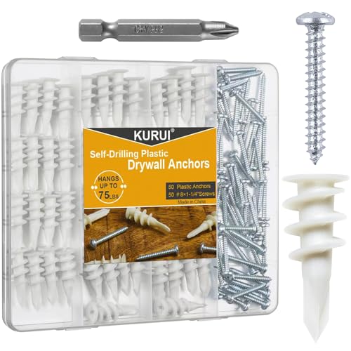 KURUI #8 Self Drilling Drywall Anchors with Screws Kit, Heavy Duty Dry Wall Anchors for Hanging Sheetrock, 50 Self-Tapping Plastic Drywall Hangers 50 Sheet Rock Screws, 100PCs Mounting Hardware -75LB