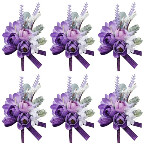 craspire Ansteckblume Für Herren, Hochzeit, Ansteckblume, 6er-Set, Lila, Rose, Lavendel, Blumen, Bräutigam, Ansteckblume Für Bräutigam Und Trauzeuge, Für Hochzeitsfeier, Abschlussball, Jubiläum