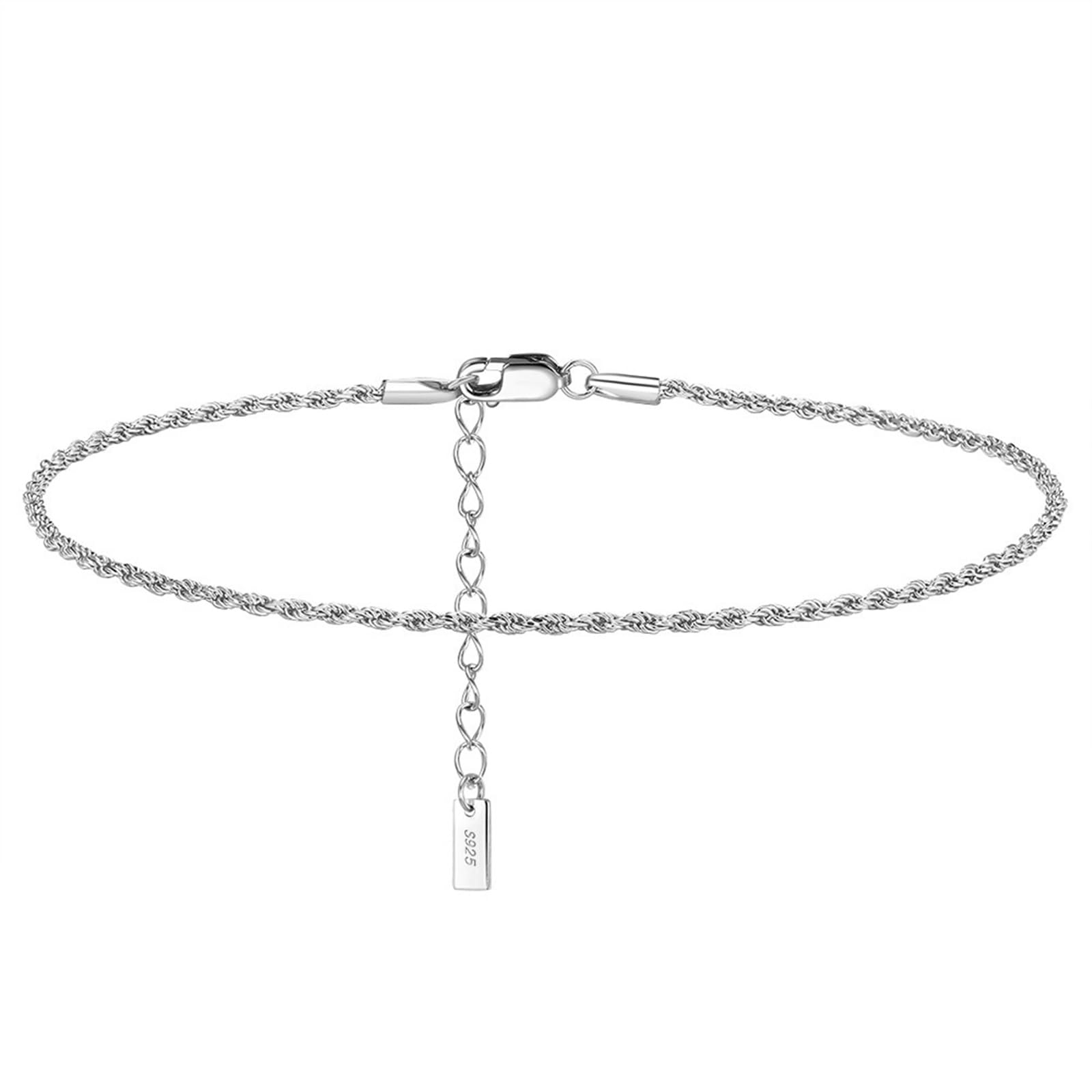 Tobilleras para mujer, plata de ley 925, cadena de cuerda simple de 1,5 mm de ancho, joyería regalo de cumpleaños