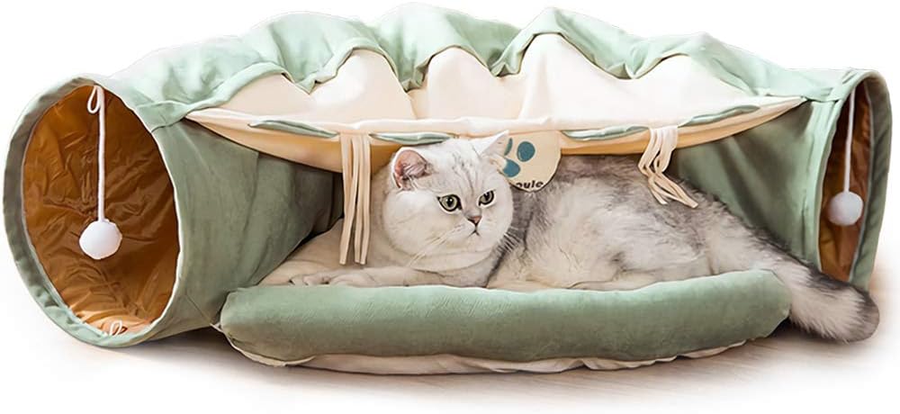Cat Tunnel Toy Play Center with Collapsible Tube and Removable Thick Bed and 2 Hanging Scratching Balls, Peak Hole Hideout House for Kitten (Green)