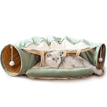 DREAMSOULE 2-in-1 Cat Bed Play Tunnel with Removable Washable Mat for Pets Cats Dogs Rabbits and Pets Kittens for Home Foldable Soft Cat Tunnel Tubes Toys Pet Play Bed Indoor