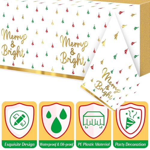 Image of Christmas Winter Waterproof Tablecloths - 3 Packs Gold White Mini Christmas Tree Tablecloths Colorful Waterproof Table Cover Merry Bright Disposable Plastic Tablecloth Xmas Party Table Decor