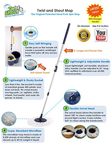 Twist and Shout Mop - Award Winning Original Hand Push Spin Mop - Life Time Warranty (2 Microfiber Mopheads Included)