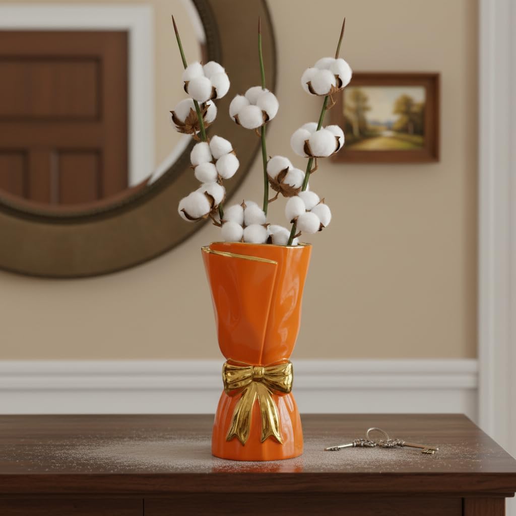 Orange Ceramic Vase for Pampas Grass, Bow Modern Vases Home Decor, 10 Inch Centerpiece Vase for Dining Table, Autumn, Kitchen Decor, Fireplace, Bathroom Decorations