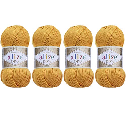 Hilo de tejer a mano 100% microfibra acrílico hilo Alize Diva hilo de seda efecto ganchillo arte encaje artesanía lote de 4 madejas 400gr 1532yds color (488 azafrán)