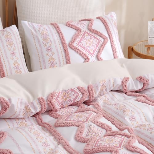 Image of Herside 100% Cotton Boho Duvet Cover Set King Size,Shabby Chic Aztec Western Pink Tufted Bedding,Farmhouse Luxury 3 Piece Textured Quilt Duvet Set for All Season Home Decor
