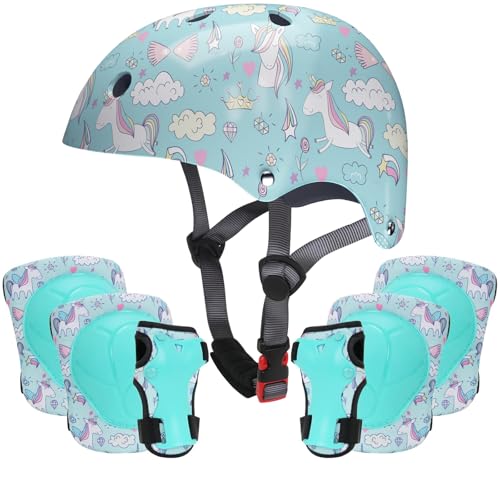 Children's Protective Gear Set,Kids Helmet with Knee Pads Elbow Pads and Wrist Guards,Child Protective Gear for Girls Age 3-8 Years (Lake Blue)