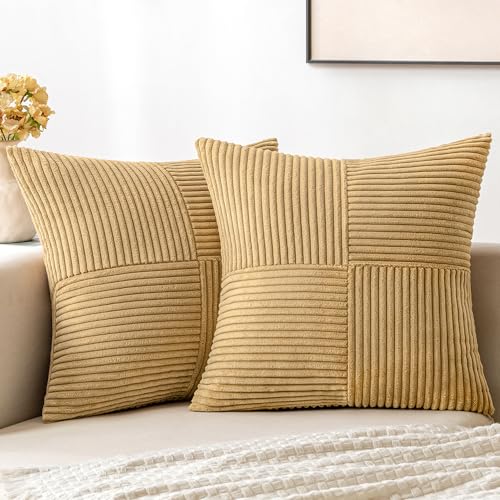 Image of MIULEE Cream Yellow Decorative Throw Pillow Covers 18x18 Inch for Couch Bed Sofa Pack of 2 Khaki Boho Farmhouse Throw Pillows Soft Cross Corduroy Patchwork Textured Cushion Cases
