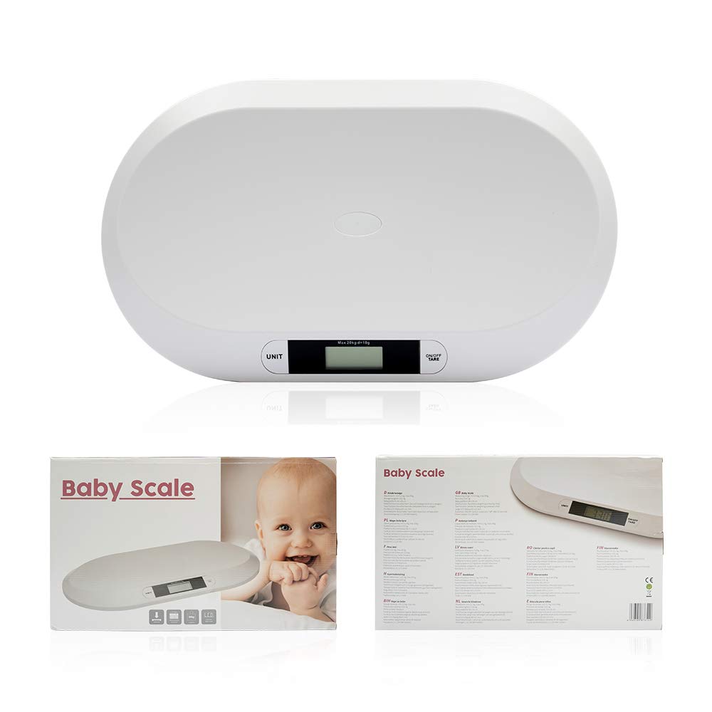 Bilancia pesaneonati bilancia digitale bilancia per allattamento bilancia per animali, per neonati fino a 20 kg con display LCD, funzione tara, spegnimento automatico, bianca (55 cm x 32 cm x 3 cm)