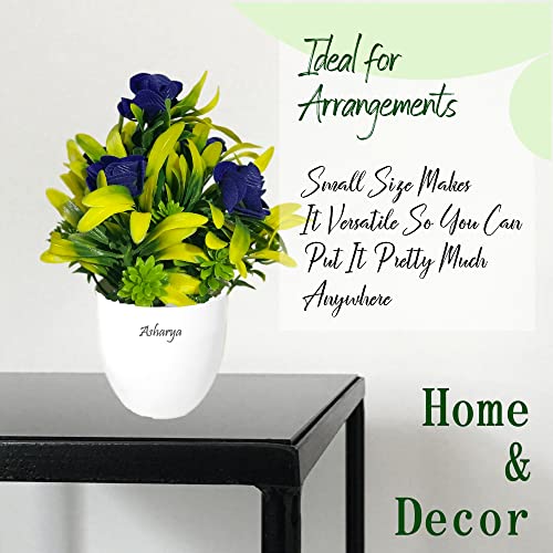Image of Artificial Flower Plants for Home Decor - Set of 2 Mini Potted Plants in White Pots | Red & Blue Ideal for Living Room, Office, Indoor Outdoor Decoration