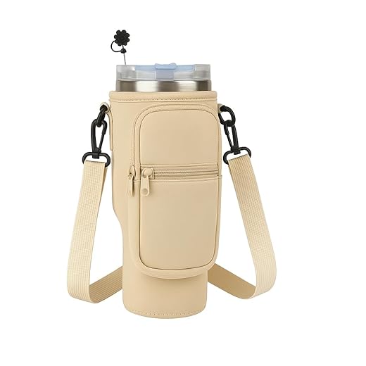 Bolsa Porta Garrafa, Squeeze, Copo Térmico Com Alça Ajustável Shoulder Bag com bolso para celular, de neoprene, com alça ajustável, tampa para canudo e mosquetão (Bege)