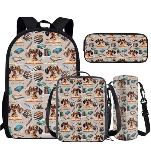 AmzPrint Dachshund Backpack With Lunch Bag Water Bottle Holder Pencil Box Set For Boys Girls Backpack Set For School2