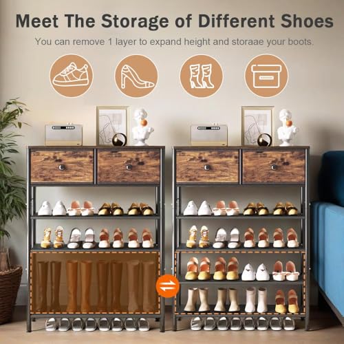 Image of INGIORDAR Shoe Rack Organizer 5 Tier Metal Organizer Shelf with Industrial MDF Board and Layer Fabric for Entryway Closet Bedroom Living Room Garage (Black+Rustic Brown, 5 Tier with 2 Drawers)