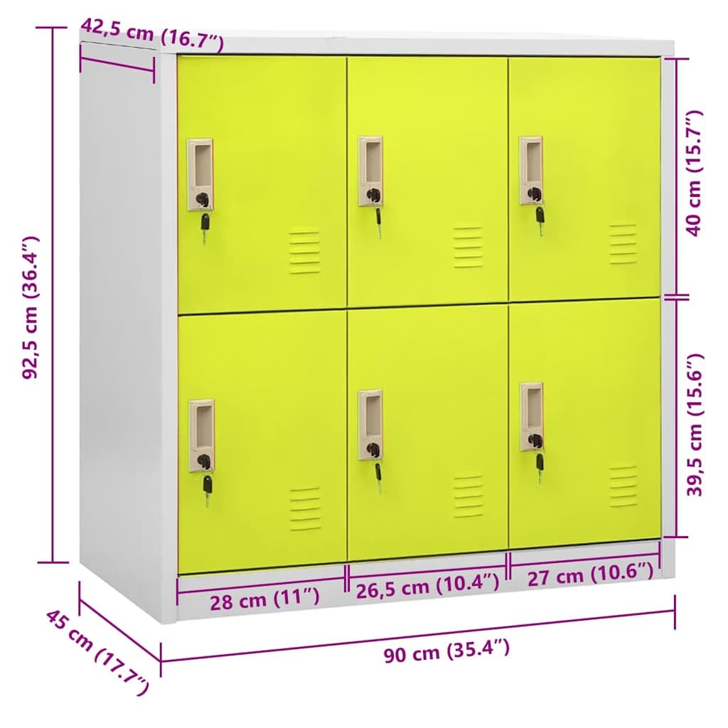 Taquilla, color gris claro, verde, de acero con 6 compartimentos, 90 x 45 x 92,5 cm, con cerradura, espacio para oficina, escuela, pasillo, garaje, organización para zapatos, archivos, ropa