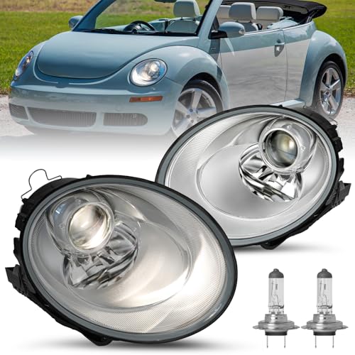 JSBOYAT Headlight Assembly Fit for 2006 2007 2008 2009 2010 Volkswagen Beetle Left Driver and Right Passenger Side Headlamp Headlamps With H7 Halogen Headlights Bulbs, OEM Chrome Lamps Housing