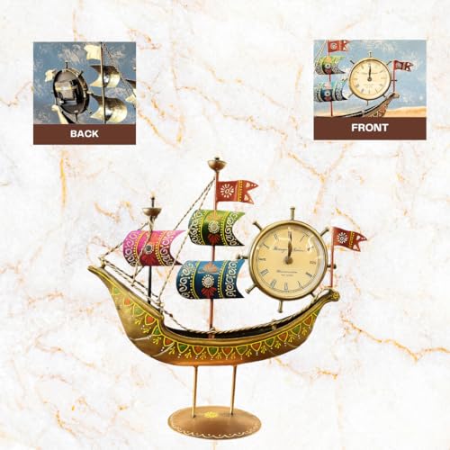 Image of Mitti Mahal Decorative Boat Table Clock ? Handcrafted Iron Vintage Nautical Style Desk Clock for Home & Office Decor | Maritime Boat Shape Decorative Timepiece for Living Room, Study Table