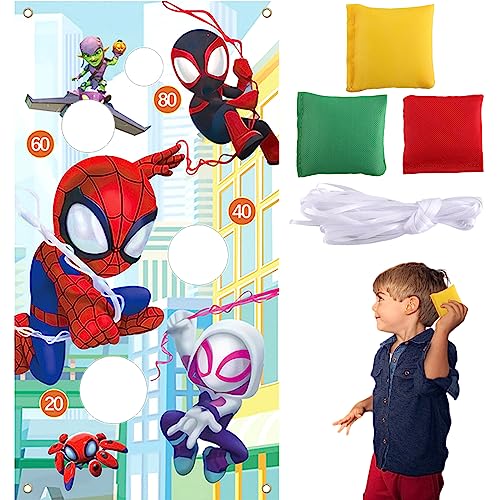 Werfen Spiel Banner, Wurfspiel Outdoor mit 3 Bohnentaschen Spider-Man Wurfspiel Kinder, Spiele für Draußen Drinnen Geburtstagsparty Garten