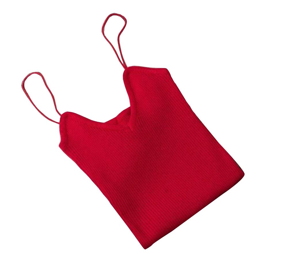 Wenchuang Women's Red Elastic Strappy Basic Plain Camisole Sleeveless Vest Spaghetti Tank Top Knitted Ribbed Cami Undershirt