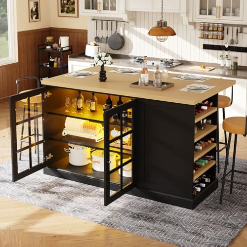 KOMHTOM Îlot de Cuisine, Table de Bar Rabattable Lumineux LED Vitrine Noir