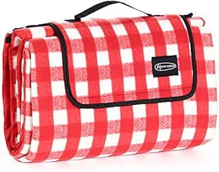 ACTIVE FOREVER Portable Picnic Blanket, Large Waterproof Beach Blanket, Outdoor Multipurpose Mat for Travel Camping Family Gathering(Red and white plaid, 200 x 200 cm)