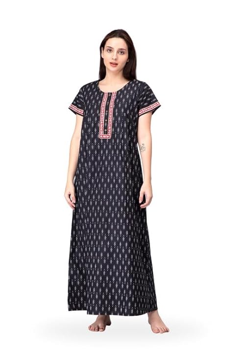 NIHSAMAH Core Style Cotton Night Gown for Women — Premium Printed Stylish Long Cotton Nighty | Comfortable & Fancy Sleepwear, Nightwear, Maxi – Black-Apple Red