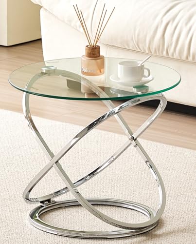 Comfy Living Round Tempered Glass Side Table, Chrome Effect, Gold or Silver, Living Room (Silver)