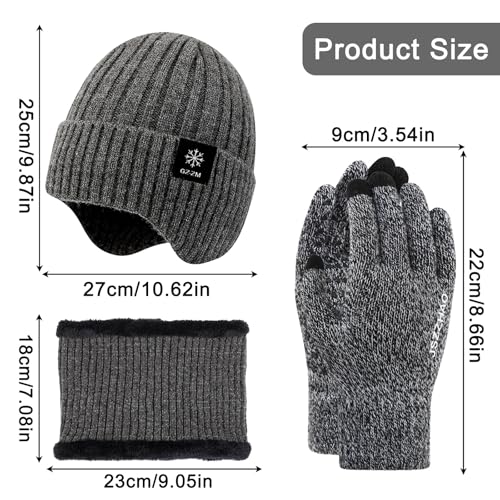 FOSDICK Mütze, Schal & Handschuh-Sets für Herren Damen, Beanie Mütze Herren Winter Schlauchschal Touchscreen Handschuhe, Wintermütze Halswärmer Gloves, Strickmützen Neckwarmer Thermo Handschuhe, Grau