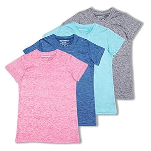 4 Pack: Girls Short Sleeve Dry-Fit Crew Neck Active Athletic Performance T-Shirt