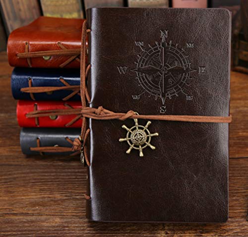 diario di viaggio in pelle ad anelli, Diario di viaggio, diario di bordo, diario di viaggio in pelle ad anelli, Pirata depoca ancoraggio, motivo bussola e ciondolo sul retro (A7, Marrone scuro)