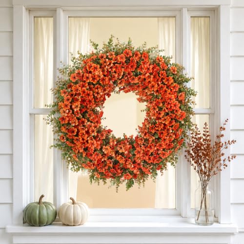 Image of 32 inch Large Artificial Silk Flower Eucalyptus Wreath for Outdoor(Fall Orange) | Large Silk Wreath, Faux Starry Sky Morning Glory Flowers&Eucalyptus Leaves, for Porch /Wall /Window /Farmhouse /Autumn Decoration