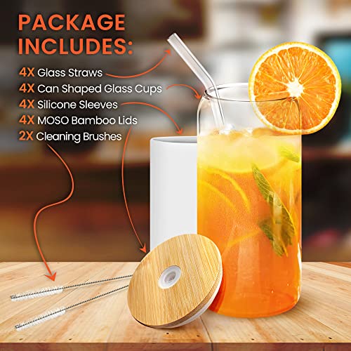 Glass Cups With Bamboo Lids And Straws - 4 Pc 16Oz Can Shaped Glass Bottle With Silicone Sleeve - Cute Reusable Drinking Glass Tumbler Set For Iced Coffee, Espresso, Beer, Smoothie And Juices Mhomeaid #TOP1