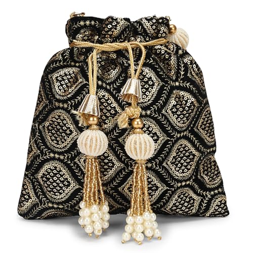 Image of LONGING TO BUY Indian Embroidered Pearl Potli Bag For Women, Sequence Design with Tassel, Wedding Potli Bags