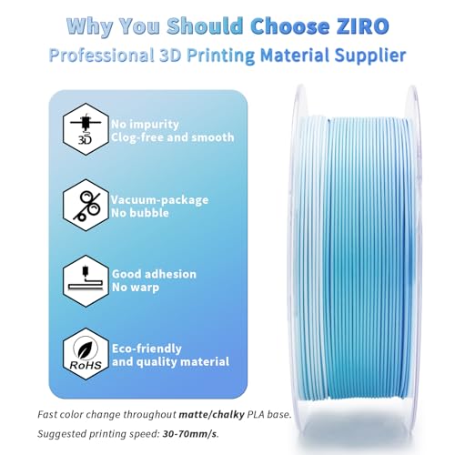 Image of ZIRO Color Change Filament, Matte Gradient Rainbow 3D Printer Filament, Fast Color Changing by Length PLA, Dimensional Accuracy + /-0.03mm, 1KG / 2.2lbs Spool, Fit Most FDM 3D Printer, Glacier