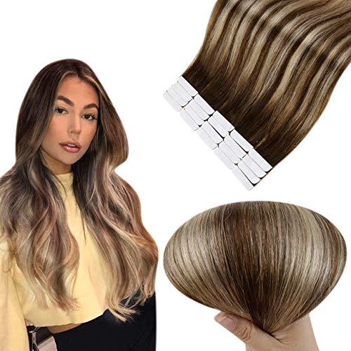 Easyouth Human Hair Extensions Tape in Remy Hair Balayage Color Dark Brown Fading to Light Blonde Highlight Dark Golden Blonde Invisible Glue on Extensions Straight Hair 16 Inch 40g 20pcs