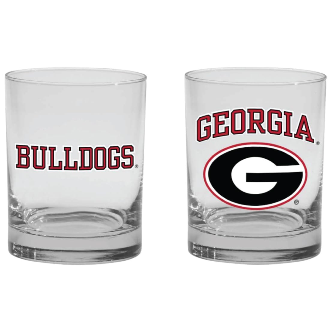 R.F.S.J. Inc 2-Sided Color Rock, Whiskey or Old Fashion Glasses - Boxed Set of 2. (Georgia Bulldogs)