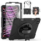 GROLEOA for iPad Pro 12.9 Case 2022/2021/2020 with Pencil Holder Screen Protector, iPad Pro 12.9 inch 6th/5th/4th Generation Cover, Full Body Shockproof Protective Rubber Case W/Stand Strap, Black