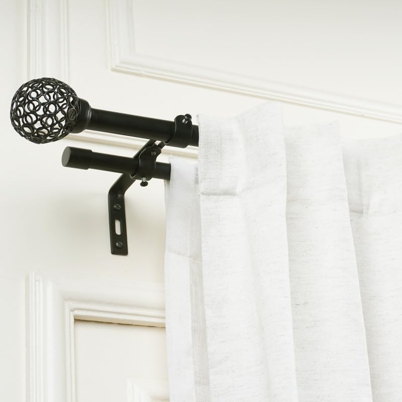 Image of 28 inch-48 inch Adjustable Double Curtain Rod For Door & Windows With Brackets Set Curtains Hanging Extendable Iron Metal Pipe Holder With Mughal Metal Finial (Black, 0.75 inch Diameter)