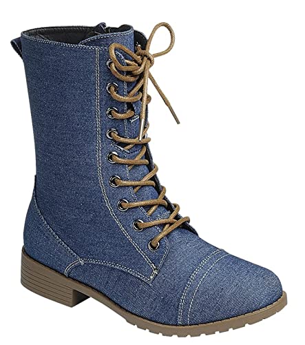 Image of Forever Link Womens Round Toe Military Lace Up Knit Ankle Cuff Low Heel Combat Boots