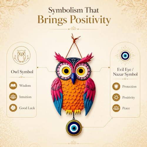 Image of GiftOday Owl Wall Hanging for Door & Home Decor | Evil Eye Protection Nazar Battu | Wooden MDF Bird Wall Art | Living Room, Bedroom, Entrance Decoration | 18 x 30 CM