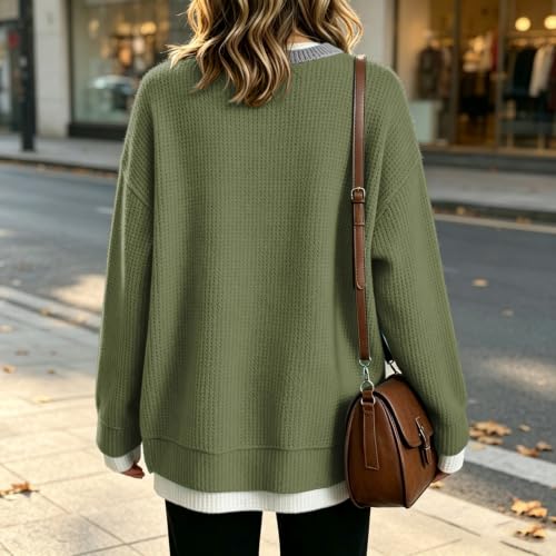 Waffle Knit Oversized Sweatshirts for Women Crew Neck Layered Tops Green - image 6