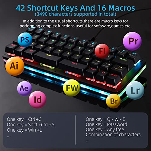 koolertron 42-key 40 macaro gaming keyboard - compact rgb backlit mechanical keypad hot-swappable usb-c programmable mini keyboard for pcmac gamers fully customizable