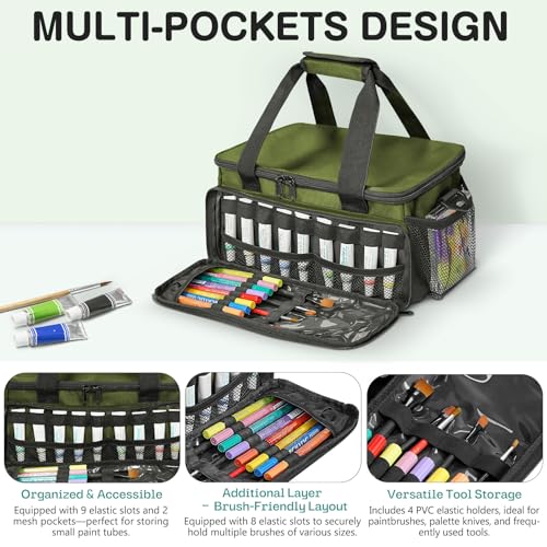 Image of ORKELS Paint and Marker Organizer, Acrylic Paint Storage Bag with Brush and Bottle Holders, Large Marker Carrying Case for Artists, Up to 216 markers or 54 bottles of 2oz acrylic paint (Green)